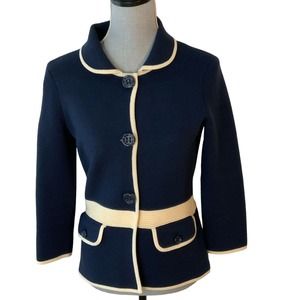 Kate Spade Mayson Wool Blend Sweater‎ Jacket Midnight Navy Cream Size 2